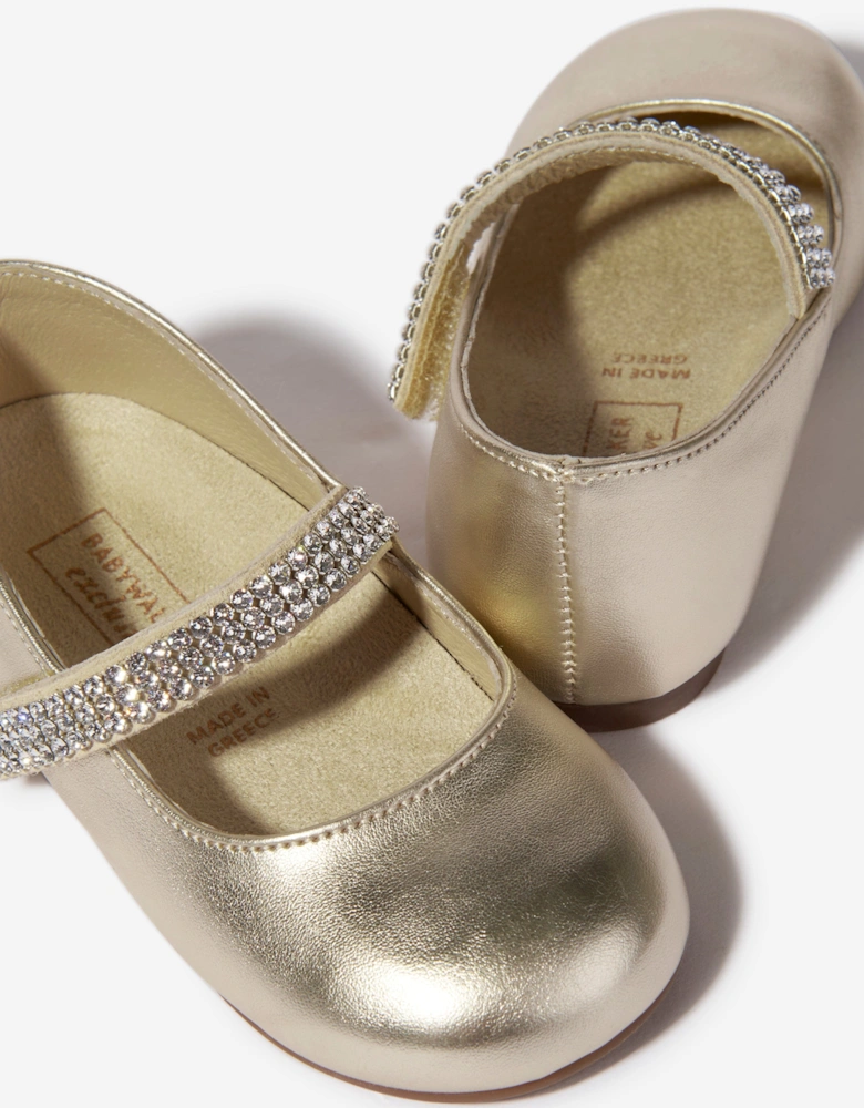 BABYWALKER Girls Swarovski Crystals Strap Ballerinas in Gold