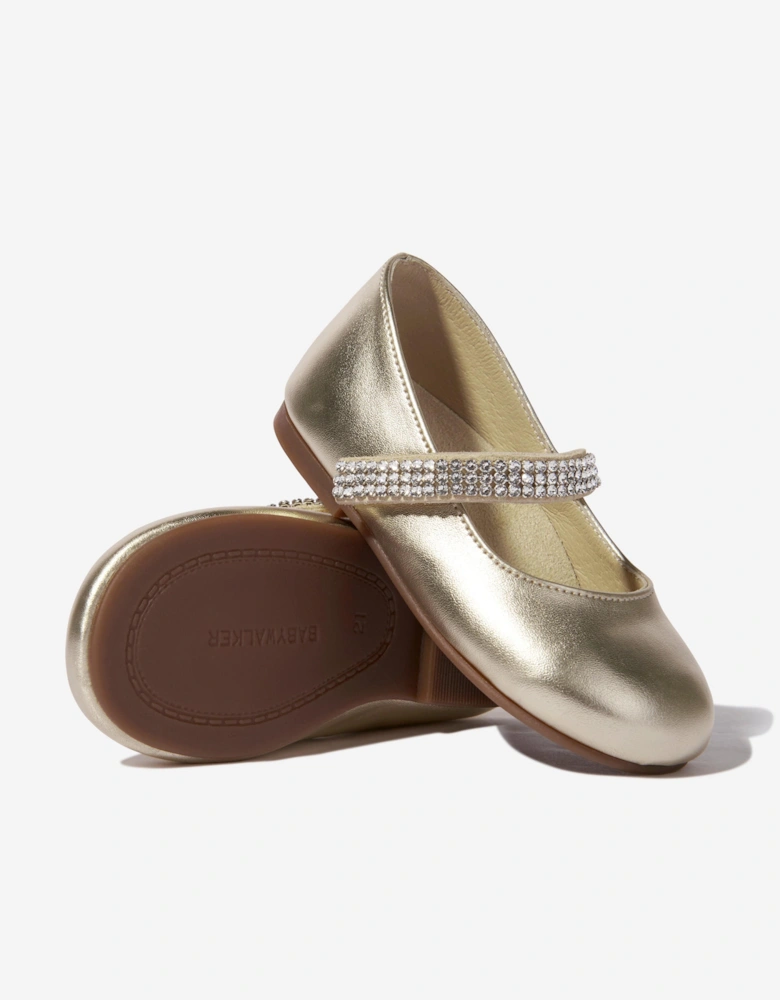 BABYWALKER Girls Swarovski Crystals Strap Ballerinas in Gold