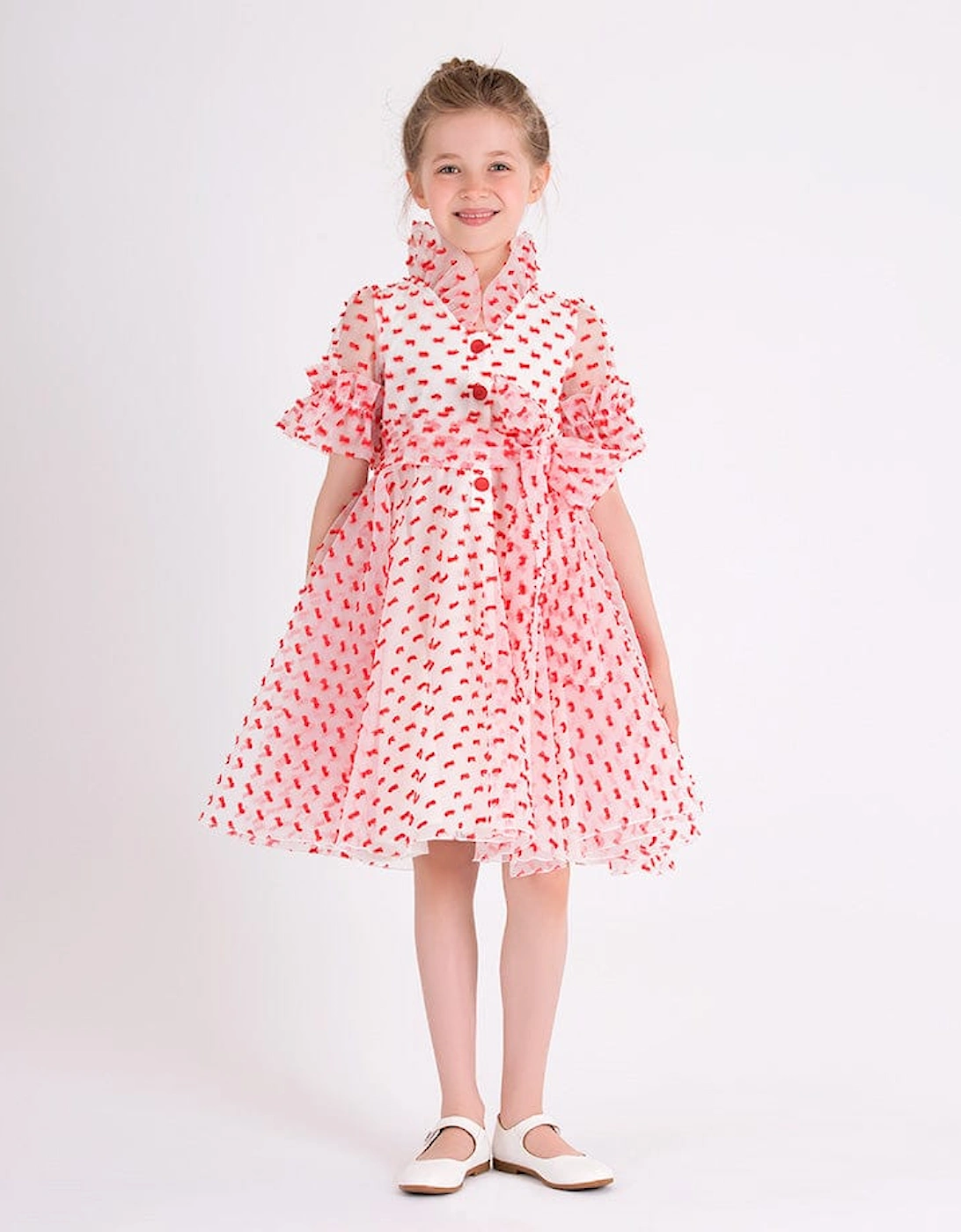Girls Flared Dot Dress in Red