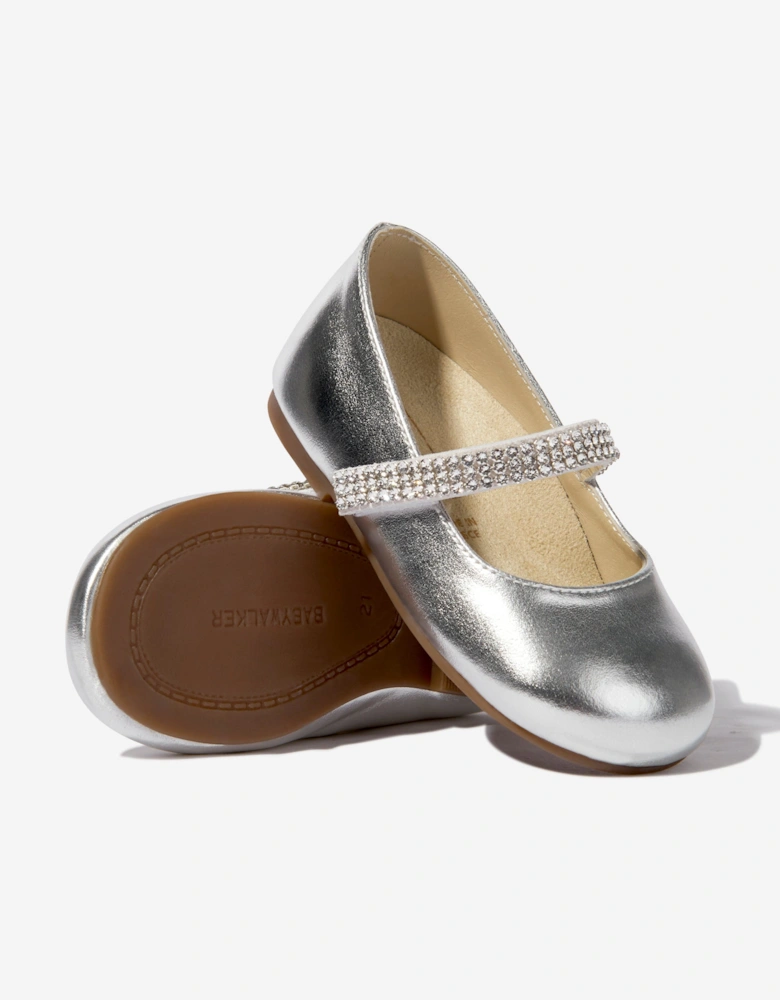 BABYWALKER Girls Swarovski Crystals Strap Ballerinas in Silver