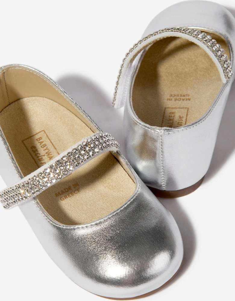 BABYWALKER Girls Swarovski Crystals Strap Ballerinas in Silver