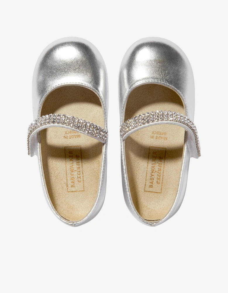 BABYWALKER Girls Swarovski Crystals Strap Ballerinas in Silver