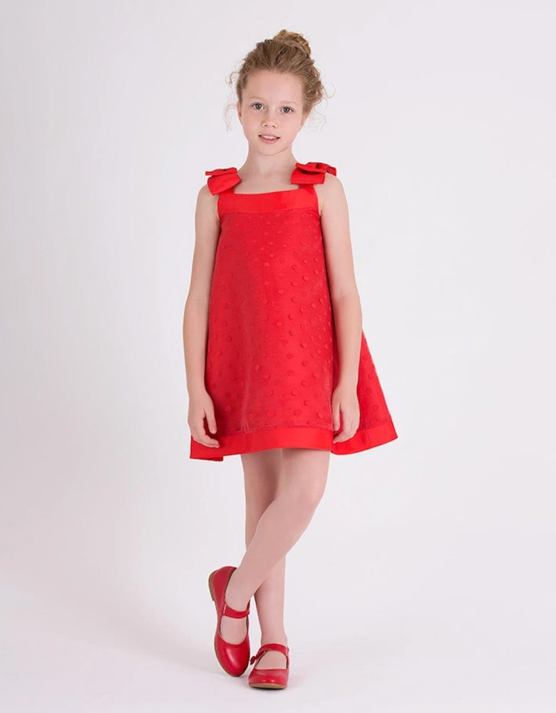 Girls Bow Detailed Organza Polka Dot Dress in Red