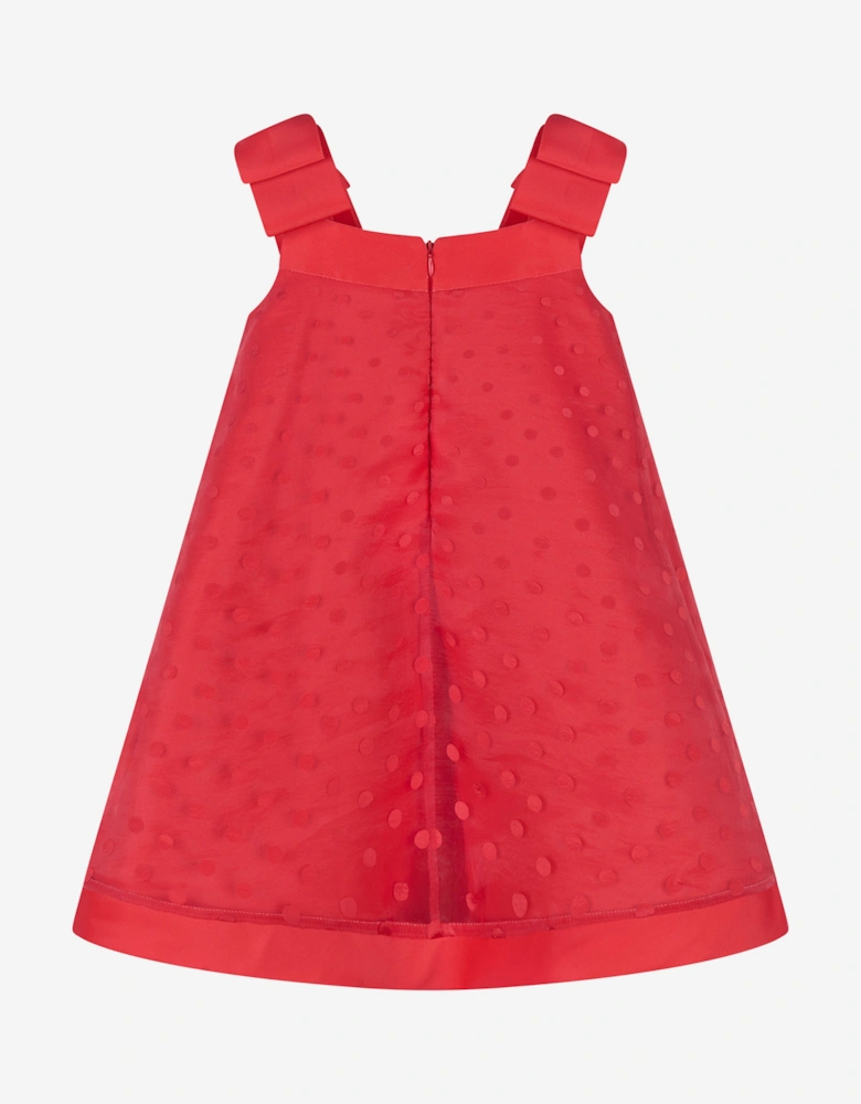Girls Bow Detailed Organza Polka Dot Dress in Red