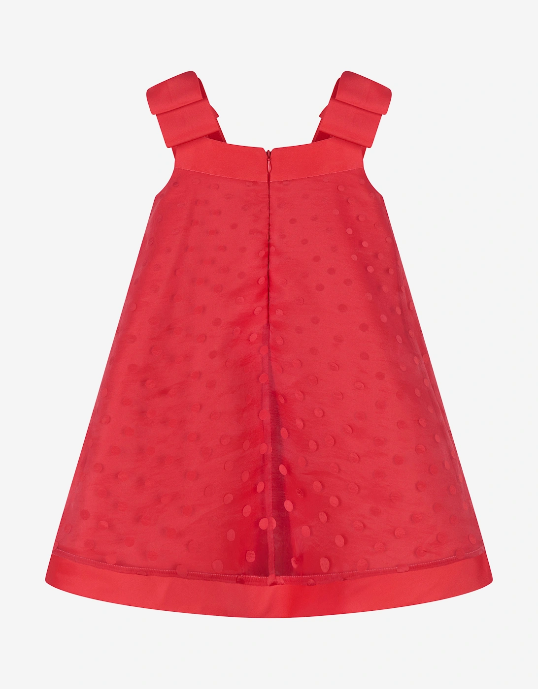 Girls Bow Detailed Organza Polka Dot Dress in Red