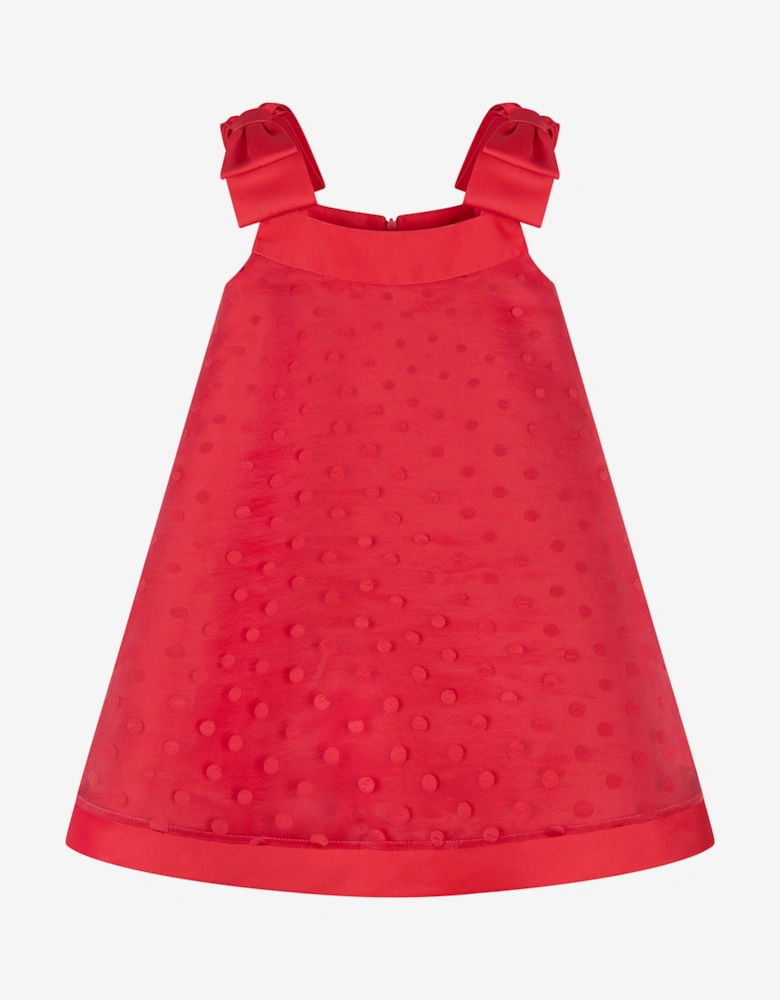 Girls Bow Detailed Organza Polka Dot Dress in Red
