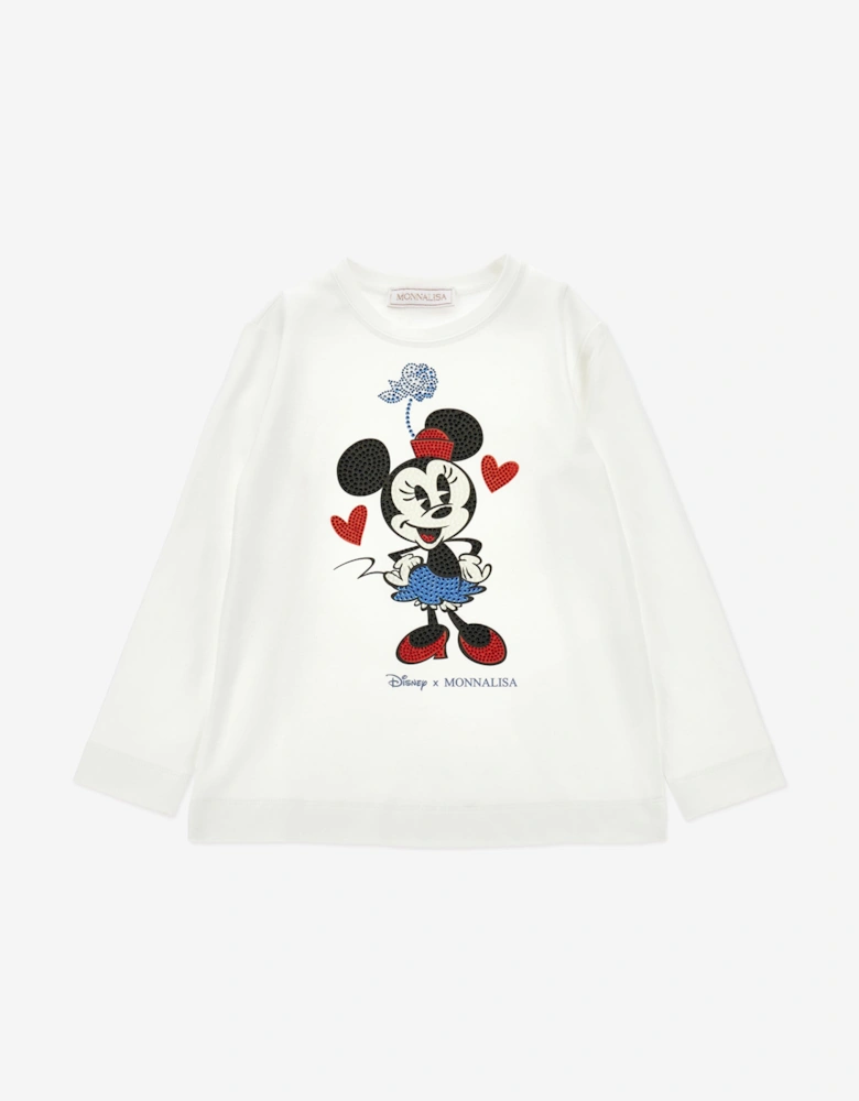 Girls Long Sleeve Diamante Minnie T-Shirt in Ivory
