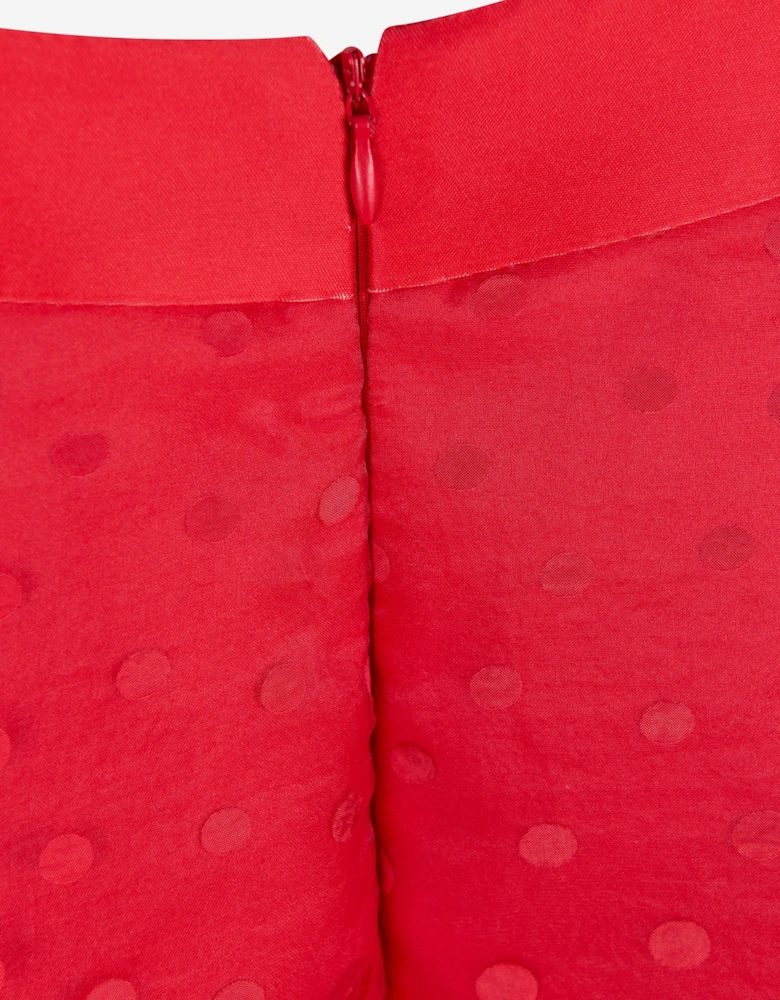 Girls Bow Detailed Organza Polka Dot Dress in Red