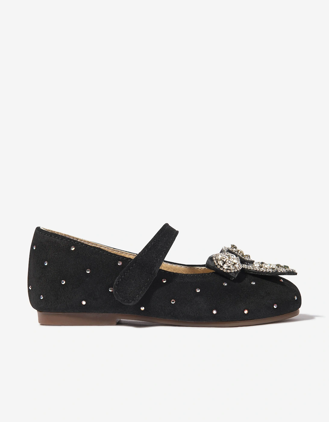 BABYWALKER Girls Suede Swarovski Bow Ballerinas in Black, 5 of 4