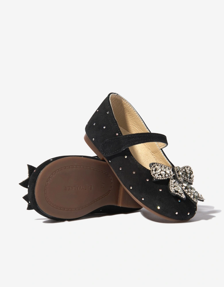 BABYWALKER Girls Suede Swarovski Bow Ballerinas in Black