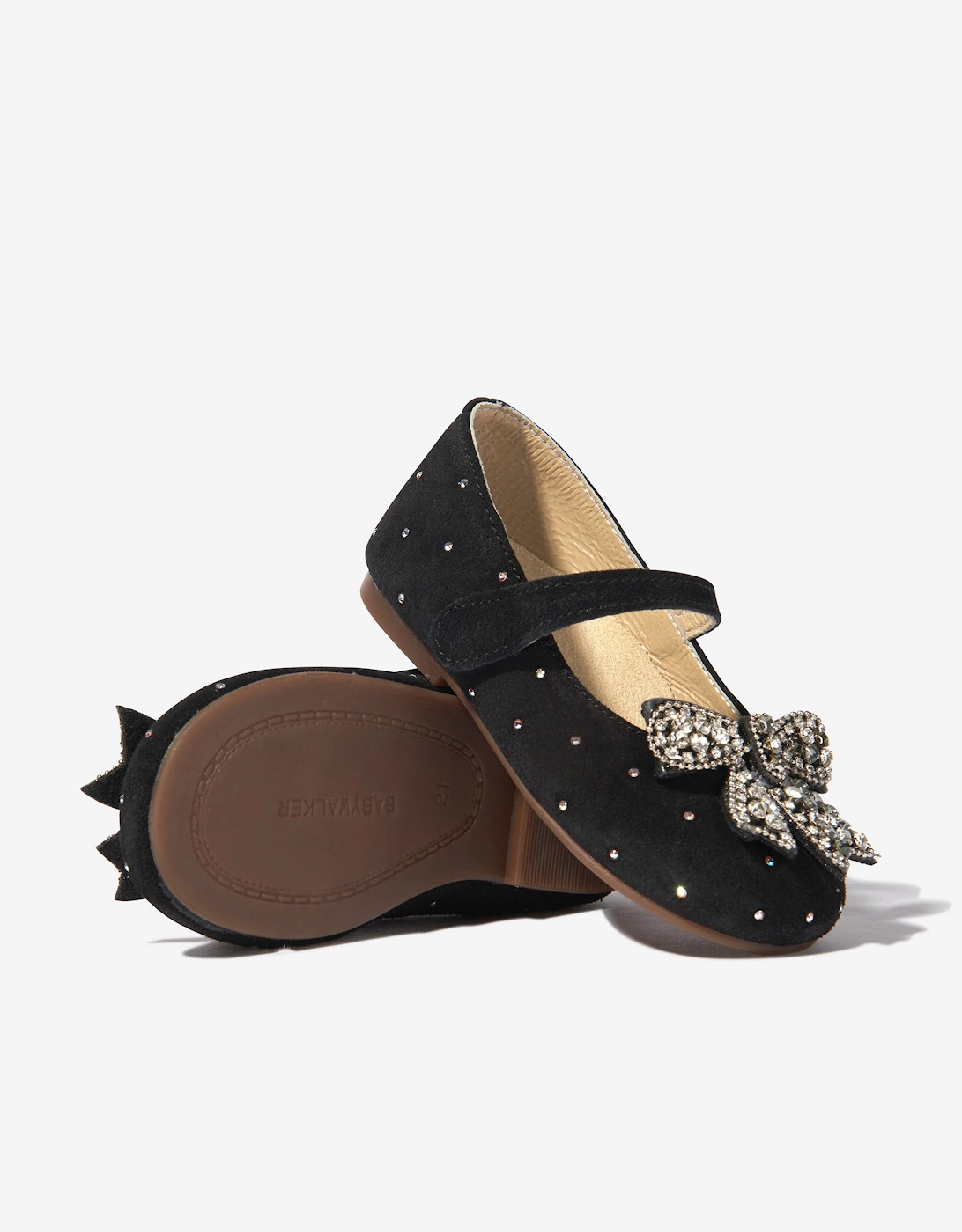 BABYWALKER Girls Suede Swarovski Bow Ballerinas in Black