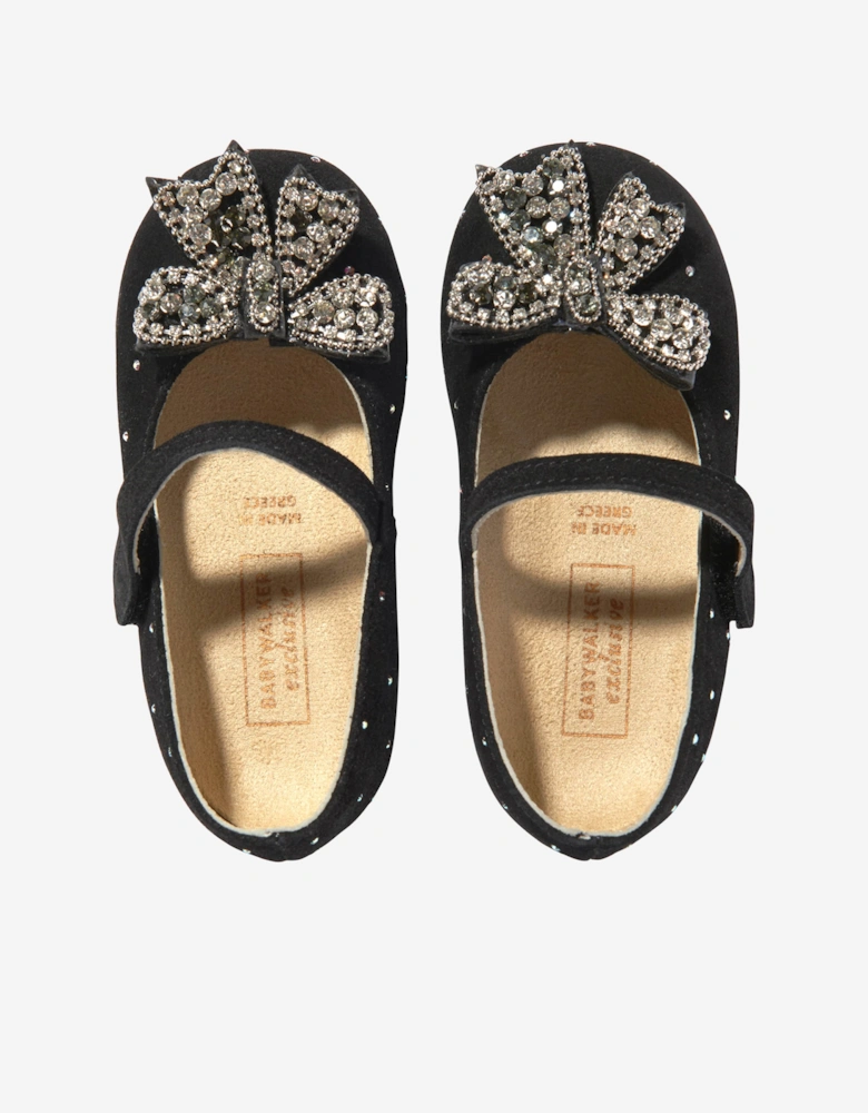 BABYWALKER Girls Suede Swarovski Bow Ballerinas in Black