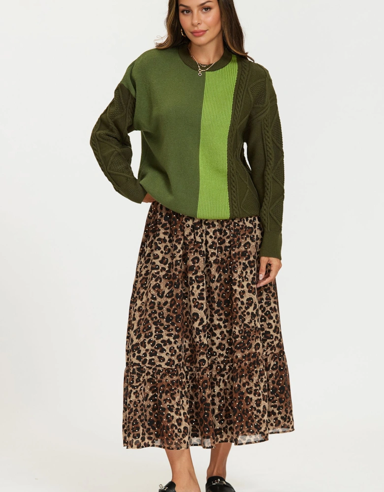 Gold Foil Leopard Print Midi Skirt In Brown