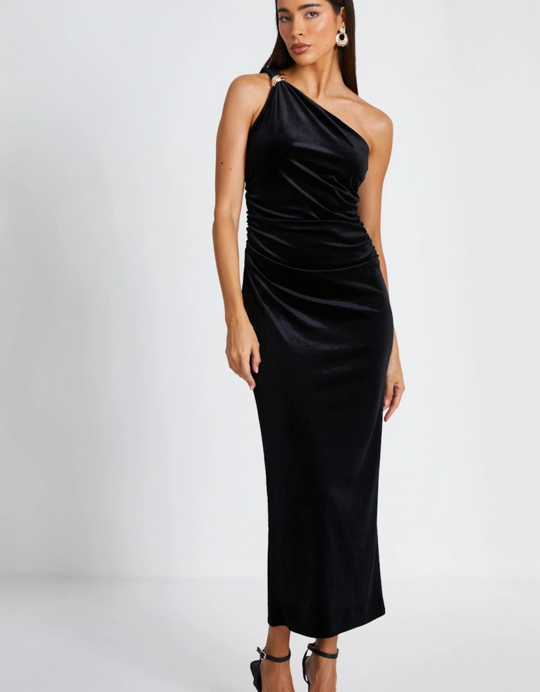 Black Velvet One Shoulder Midaxi Dress