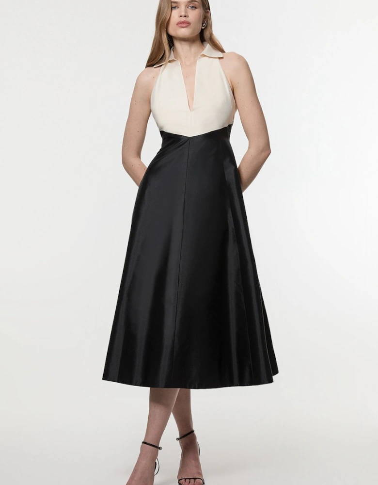 Taffeta Contrast Tux Tailored Full Skirted Shirt Dress