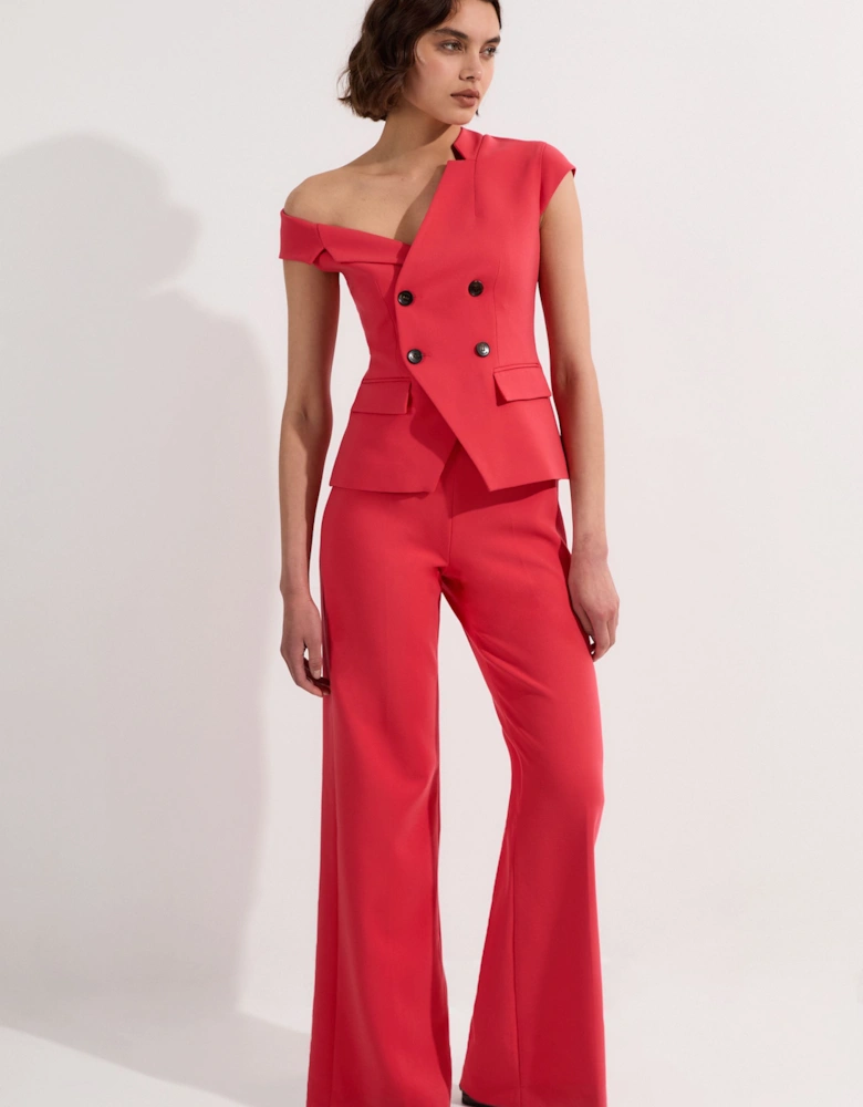 Compact Stretch Asymmetric Collar Wide Leg Tailored Jumpsuit