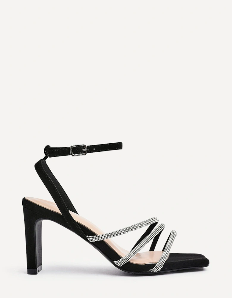 Glimmer Black Faux Suede Diamante Block Heel