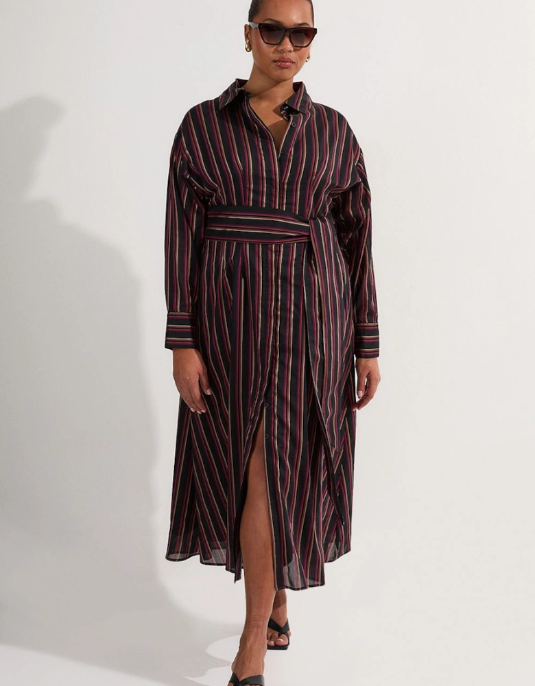 Plus Size Premium Cotton Tailored Belted Shirt Maxi Dress