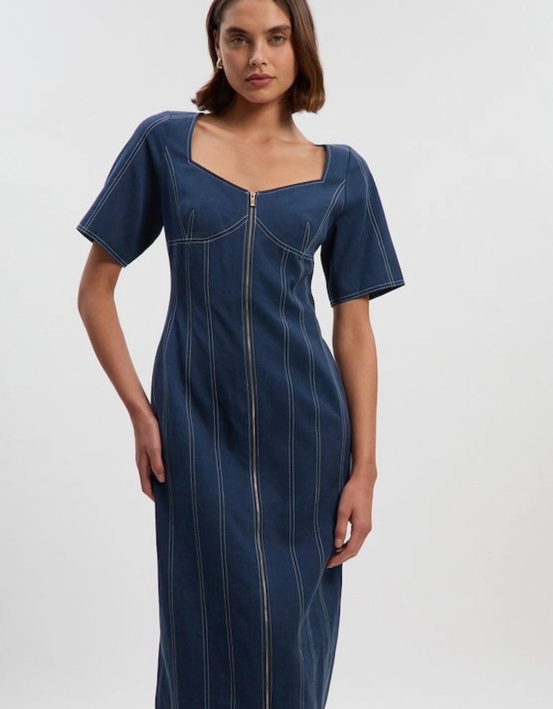 Tencel Cotton Contrast Stitch Zip Front Woven Midi Dress, 4 of 3
