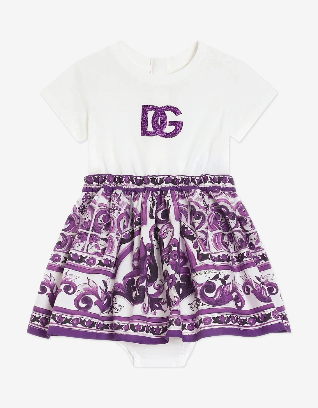 Baby Girls Majolica Print Dress with Knickers in Purple, 5 of 4