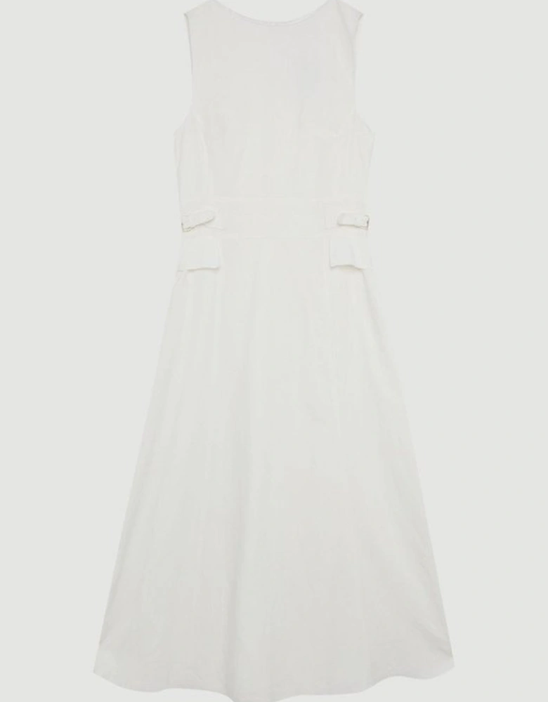 Premium Linen Tab Waist Detail Full Skirt Tailored Midi Dress