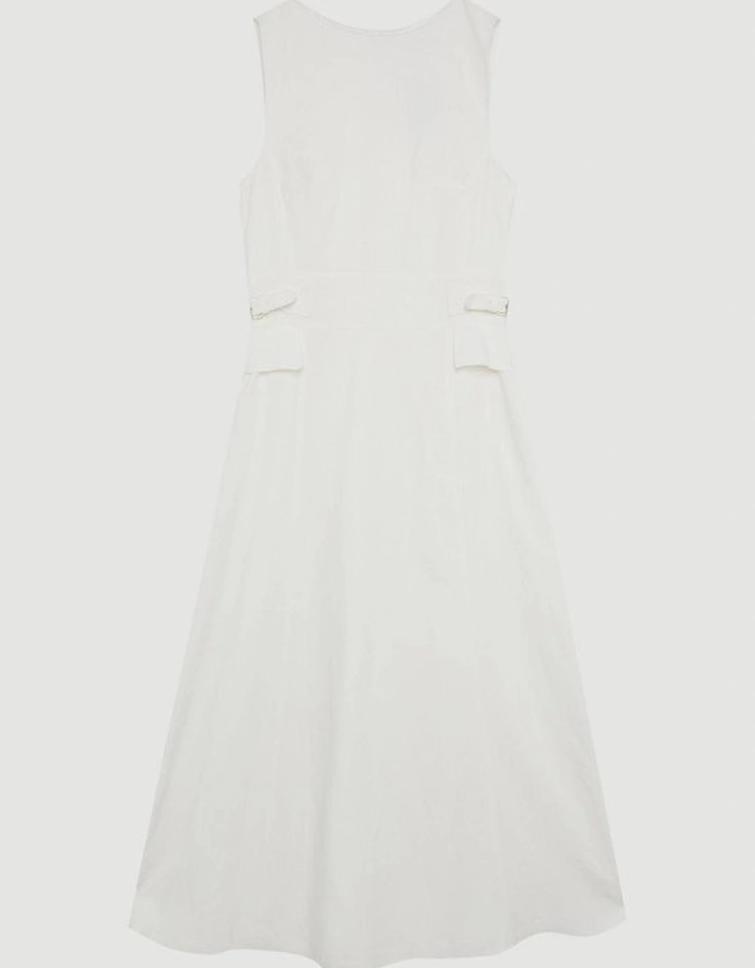 Premium Linen Tab Waist Detail Full Skirt Tailored Midi Dress