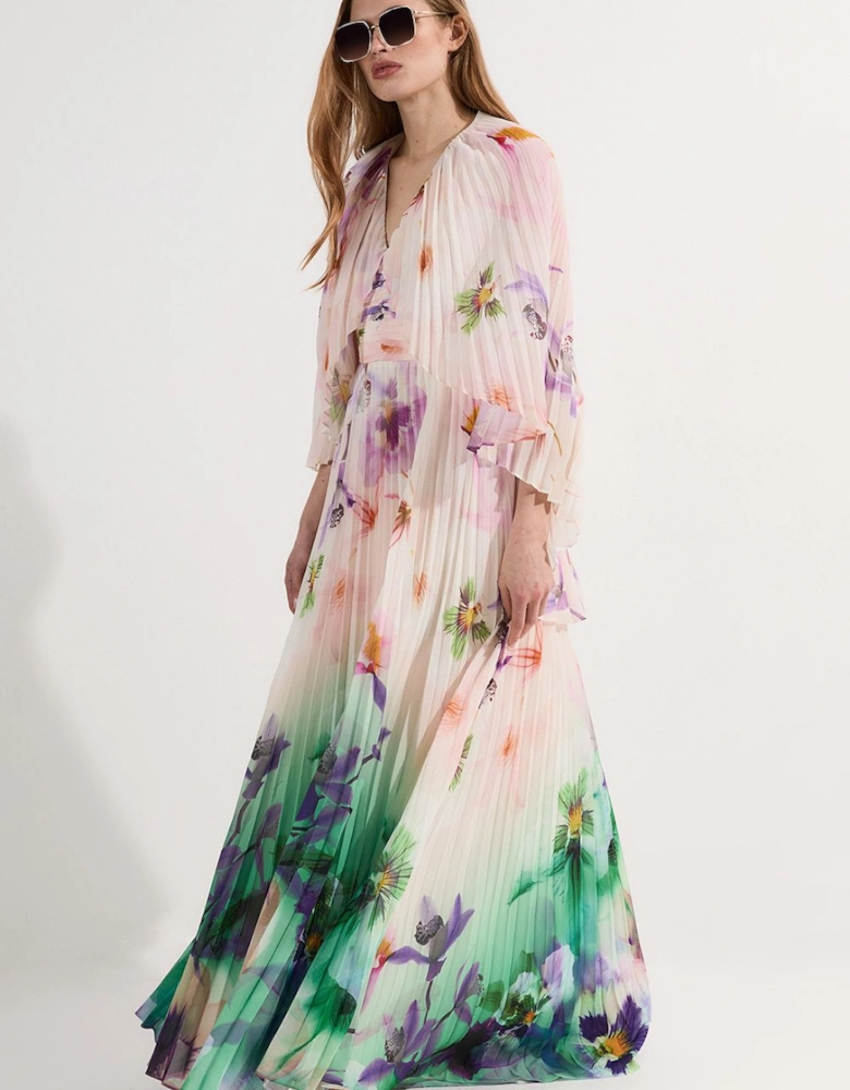 Pleated Floral Cape Sleeve Plunge Neck Woven Maxi Dress
