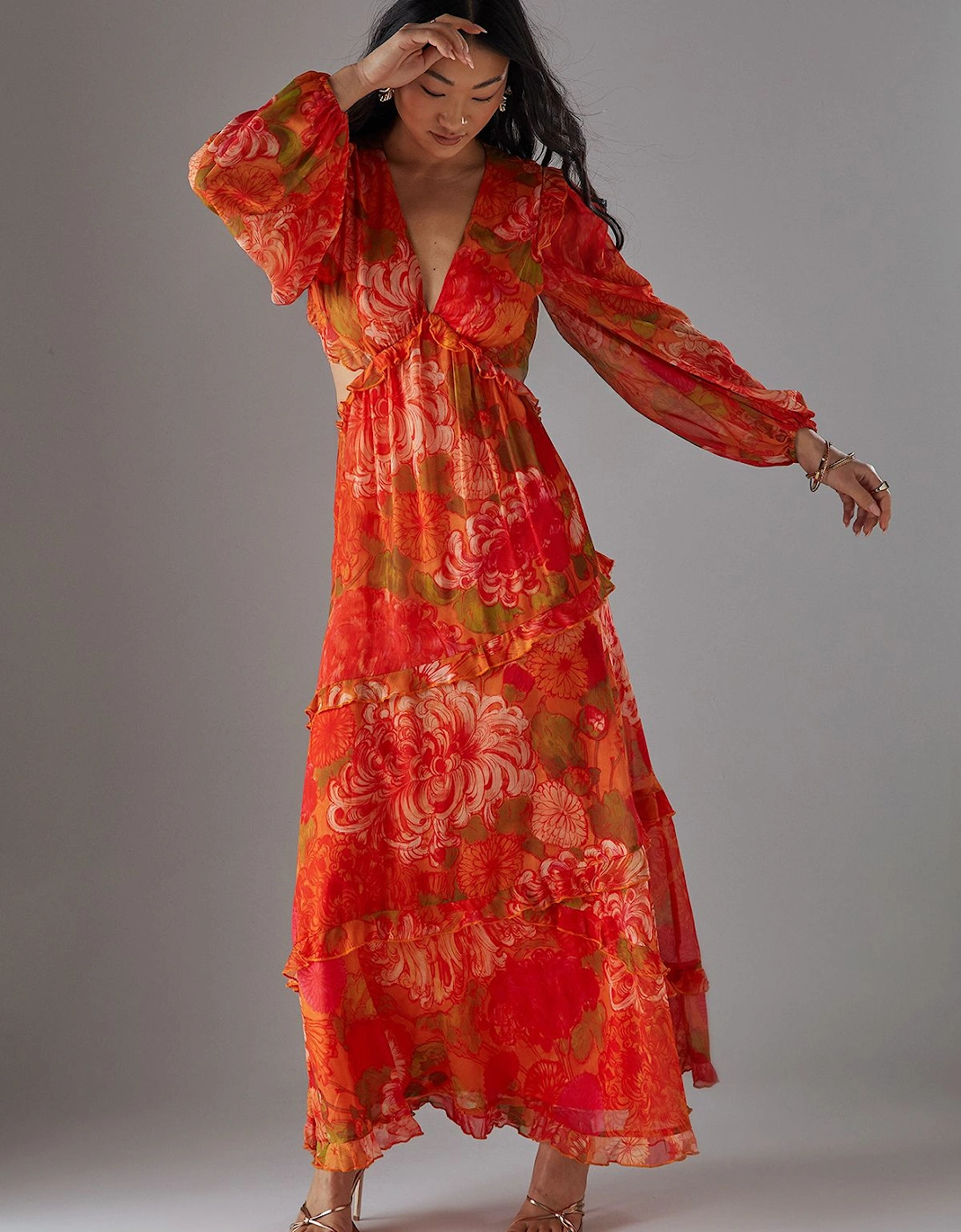 Petite Chiffon Cut Out Waist Ruffe Maxi Dress, 2 of 1