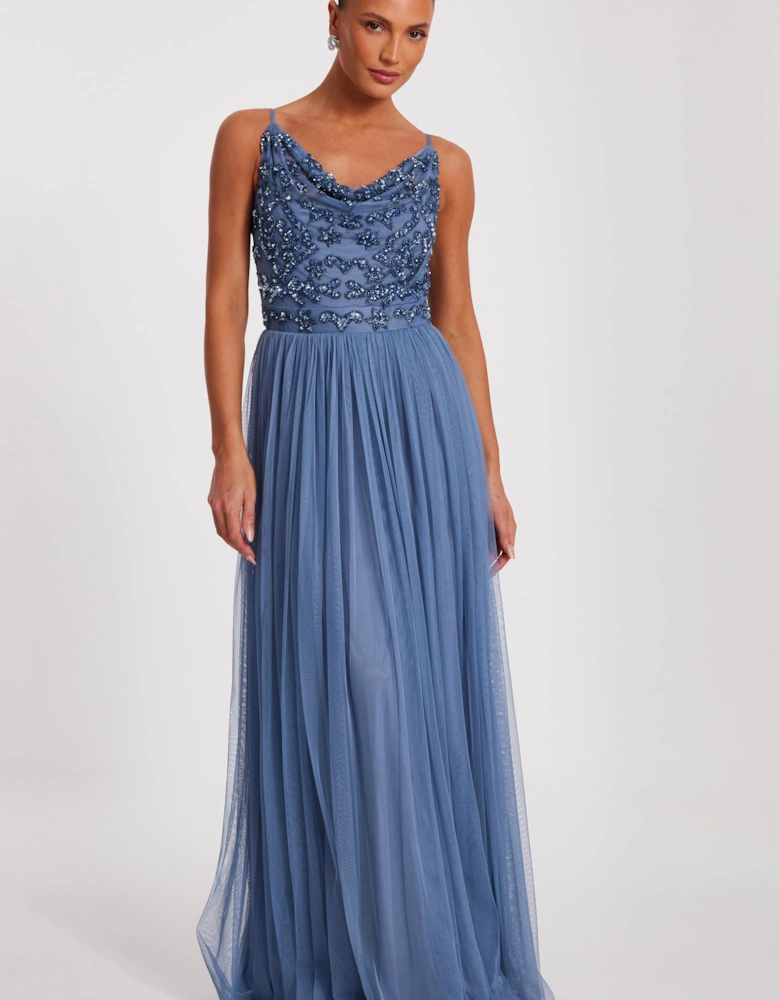 Blue Mesh Beaded Maxi Dress