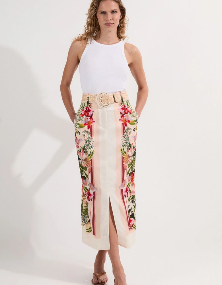 Petite Mirrored Viscose Linen Floral Print With Raffia Belt Woven Midi Skirt