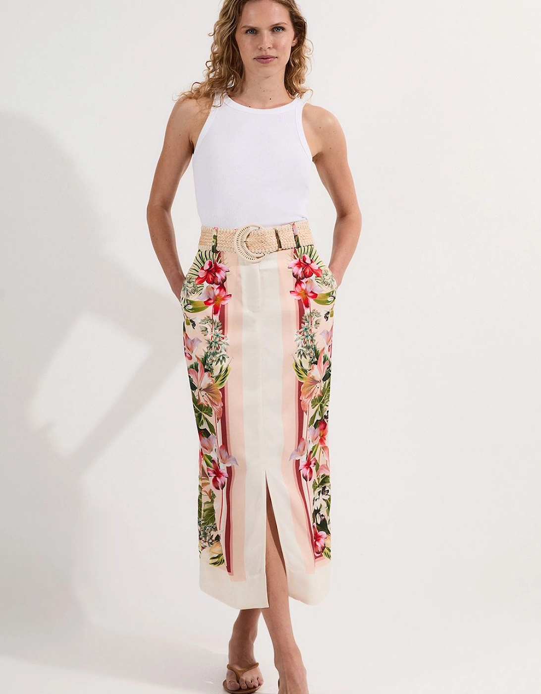 Petite Mirrored Viscose Linen Floral Print With Raffia Belt Woven Midi Skirt, 2 of 1