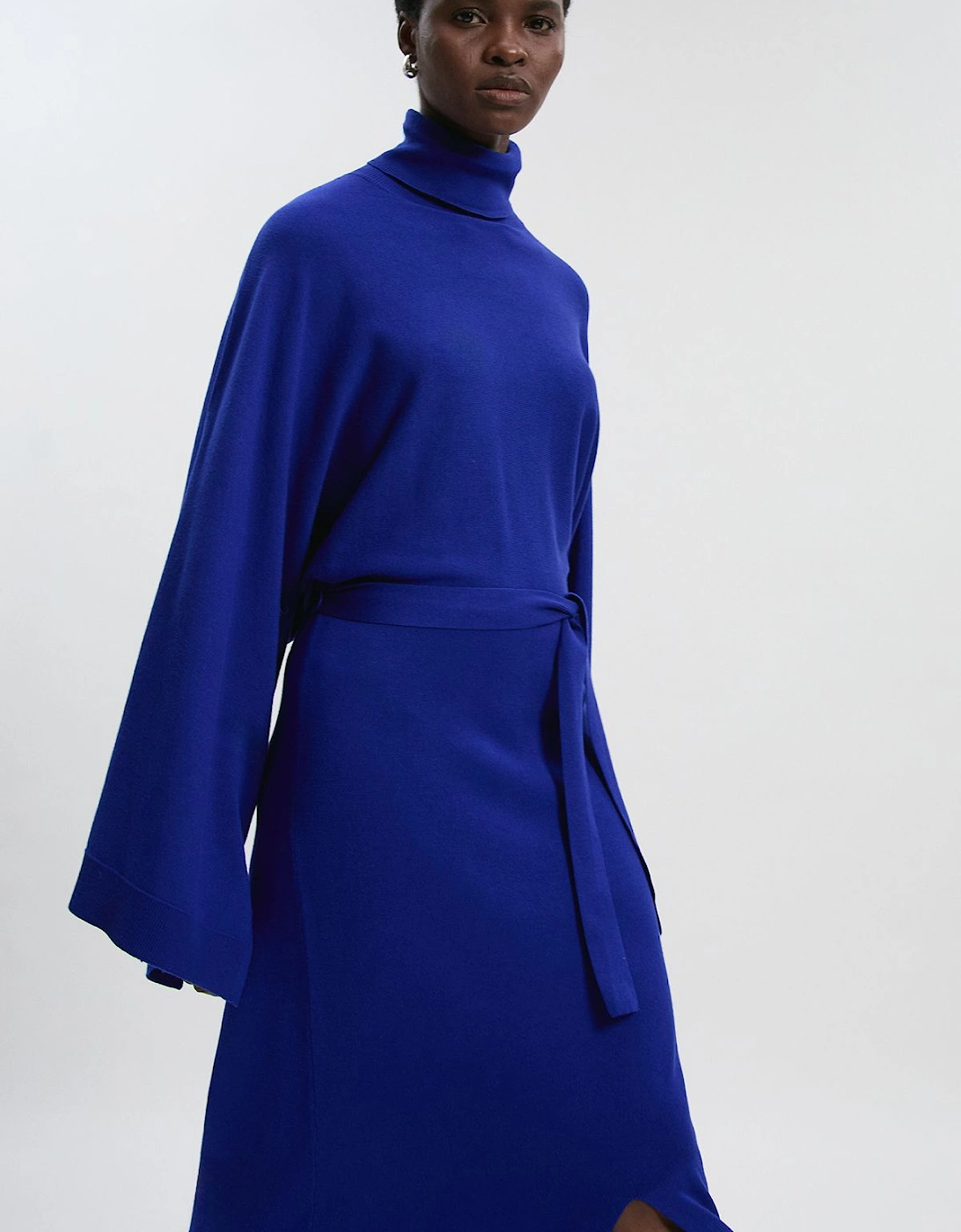 Viscose Blend Funnel Neck Belted Knitted Midi Dress, 2 of 1