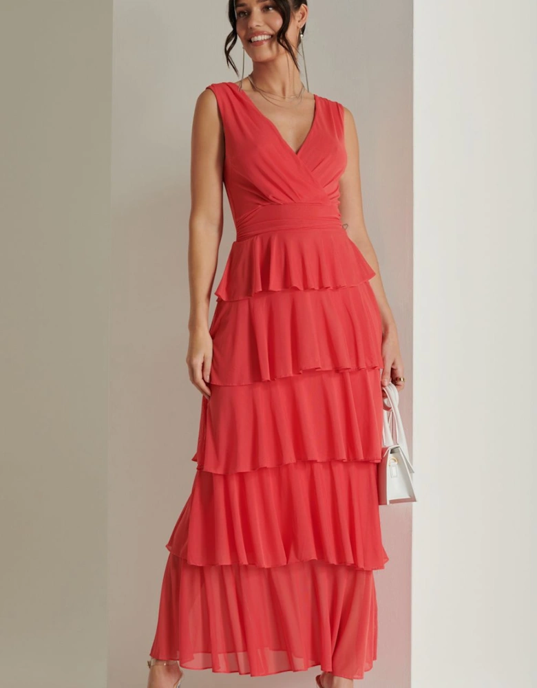 Plain Wrap Bodice Mesh Maxi Dress