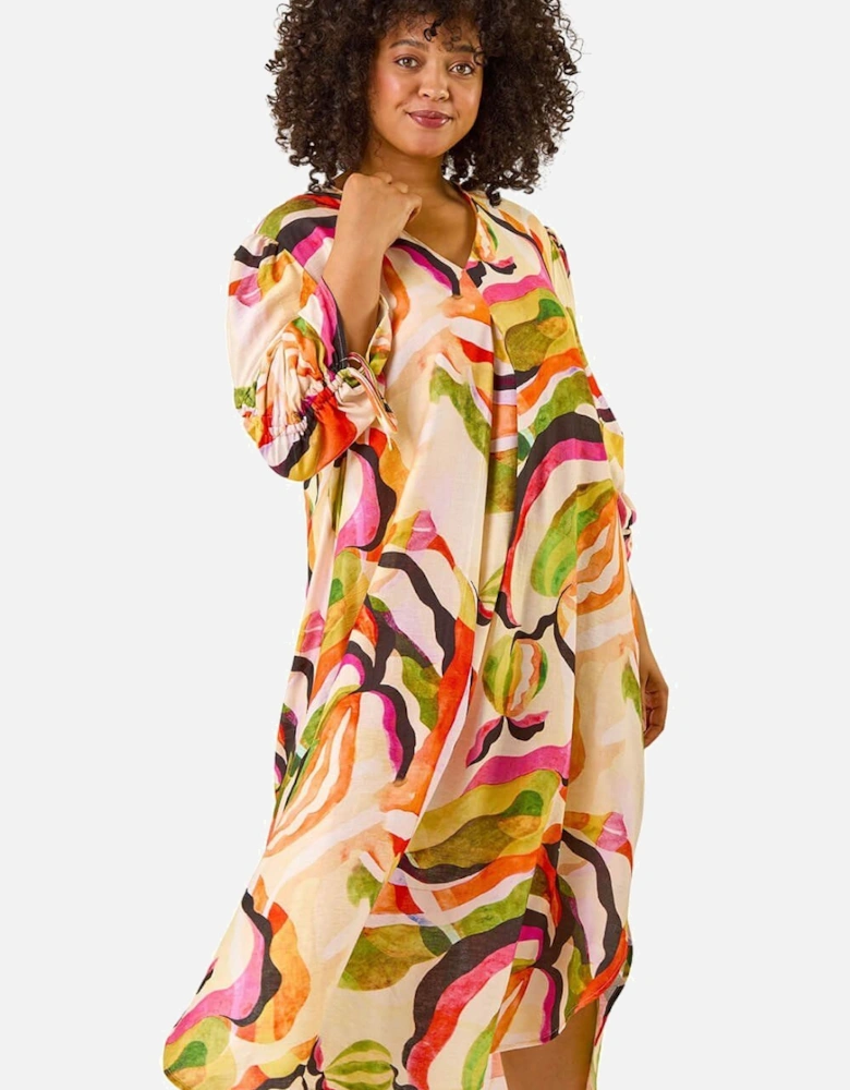 Curve Swirl Print V-Neck Midi Dress