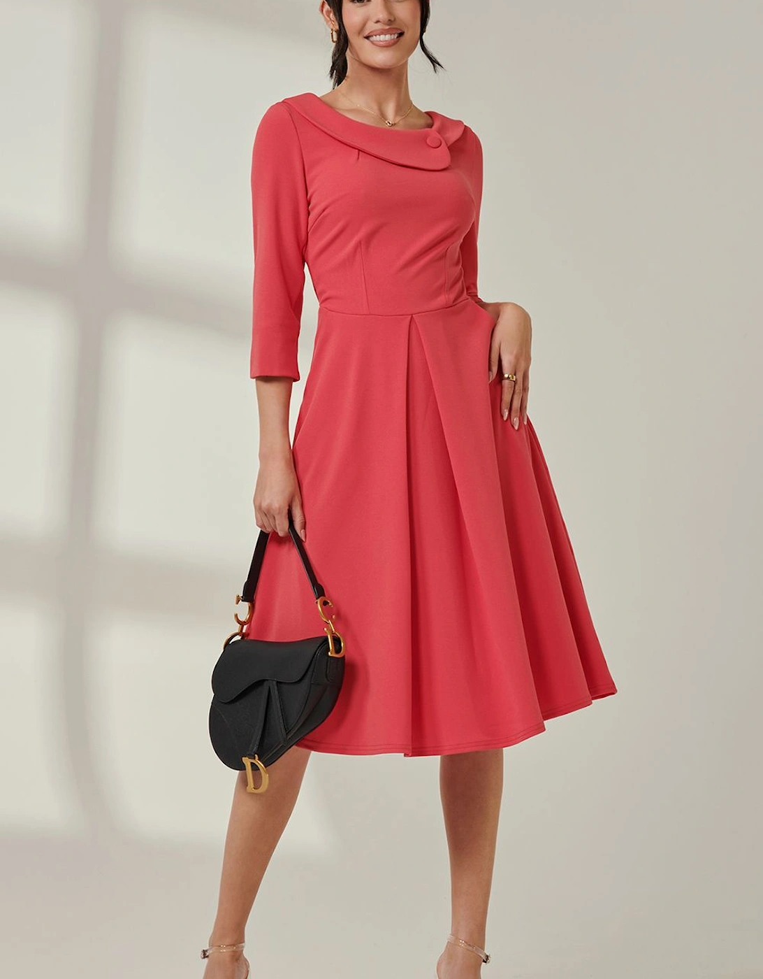 Fold Neckline Sleeved Midi Dress, 2 of 1