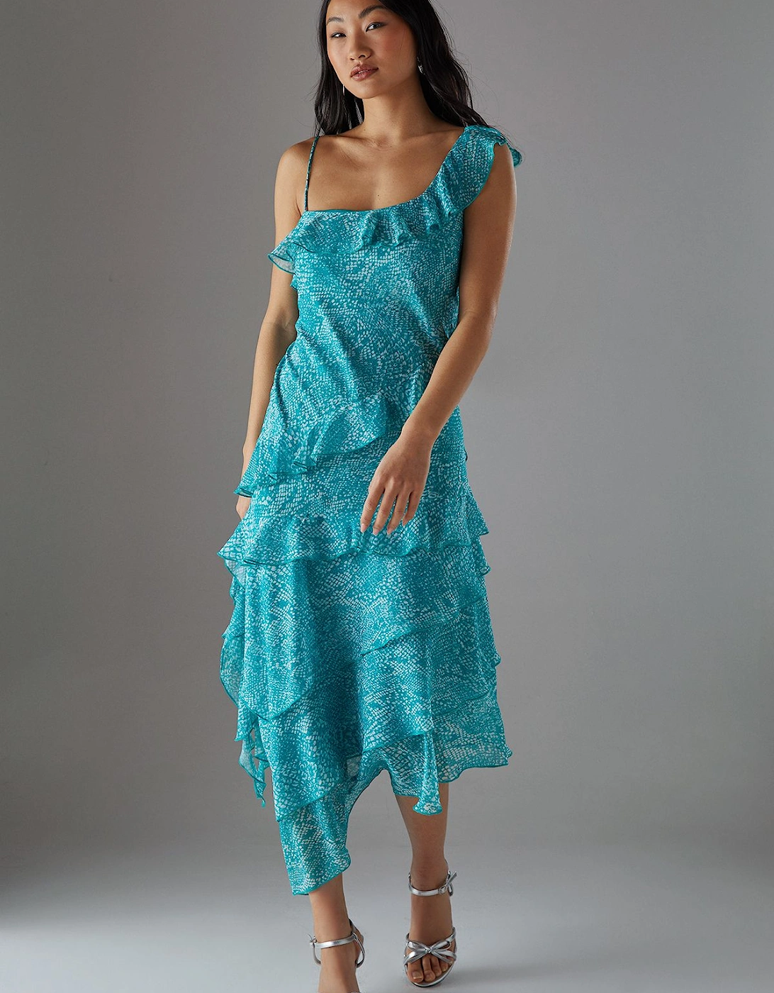 Petite Chiffon Asymmetric Hem Ruffle Midi Slip Dress, 2 of 1