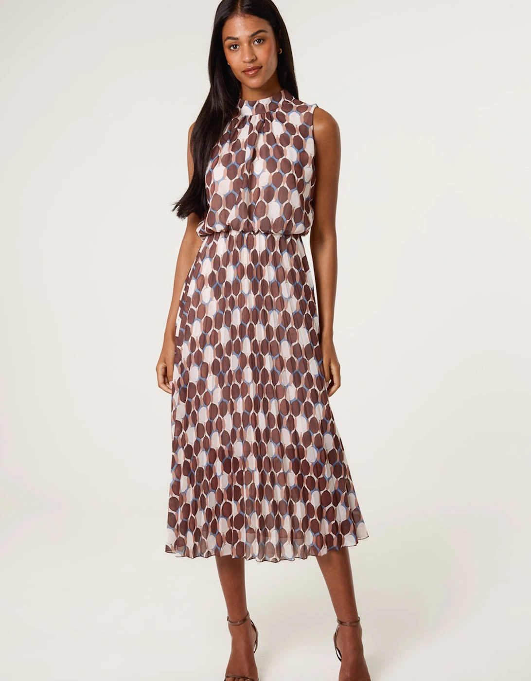 Brown High Neck Geometric Print Pleated Dress, 2 of 1