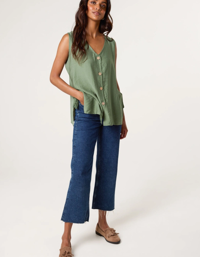Khaki Button Through Side Detail Waistcoat Top