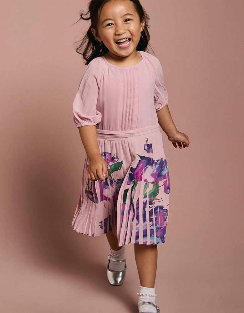 Children's Pleat Skirt Placement Print Short Sleeve Dress