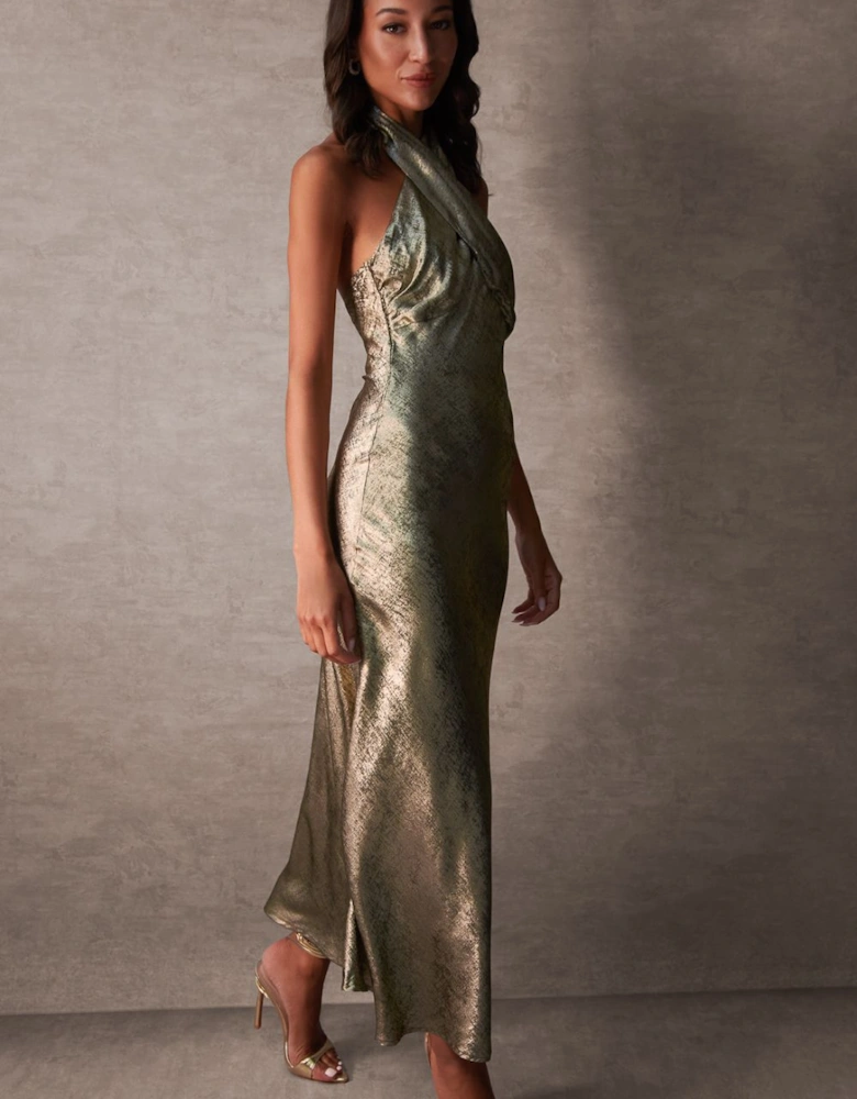 Luxe Gold Twist Halter Neck Maxi Dress