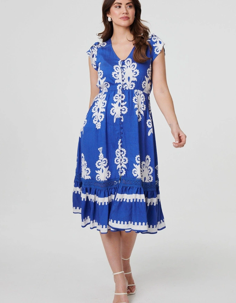 Ikat Print Cap Sleeve Lace Midi Dress