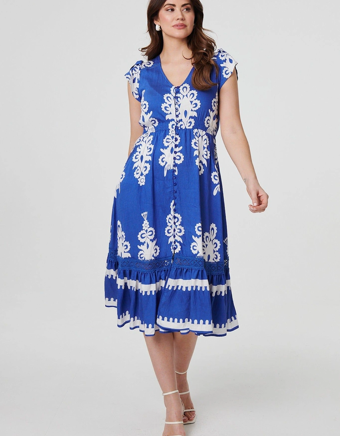 Ikat Print Cap Sleeve Lace Midi Dress, 2 of 1
