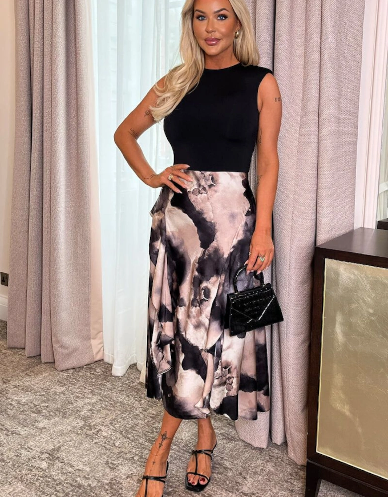 Multi Marble Print 2 In 1 Double Frill Split Midi Dress