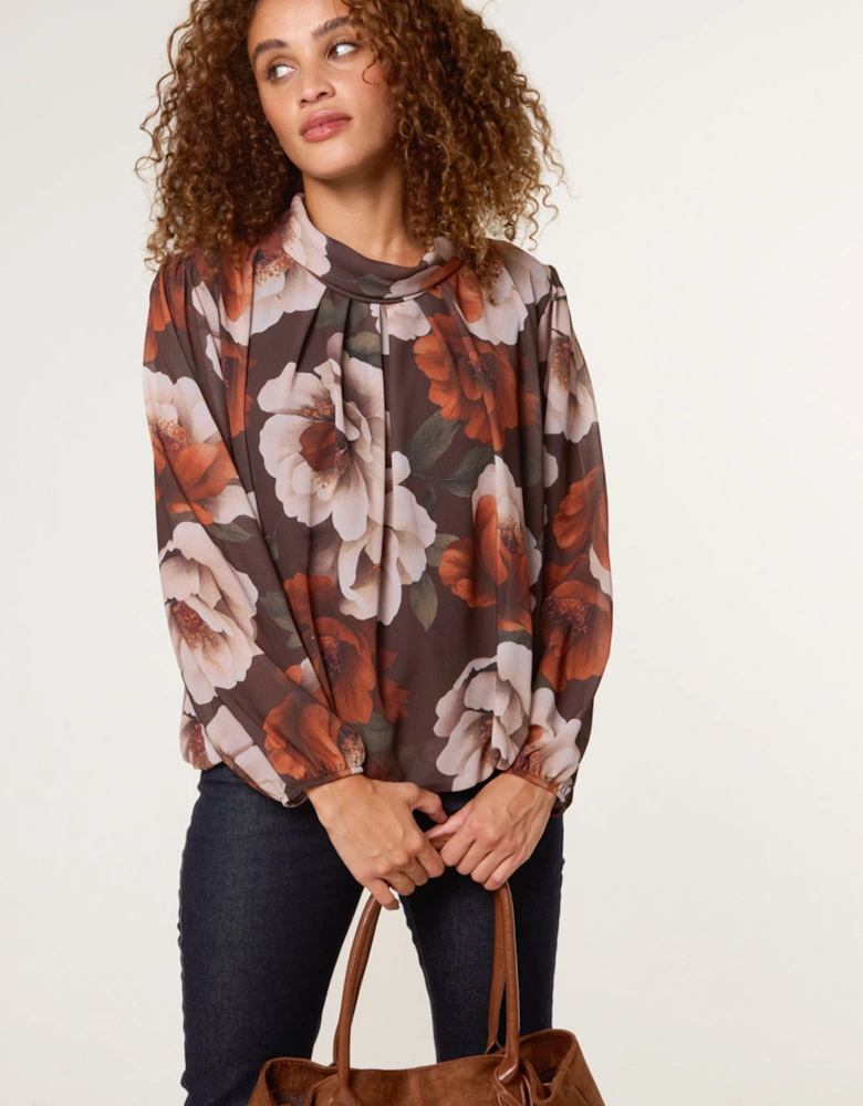 Brown Large Watercolour Floral Cowl Neck Puffball Blouse