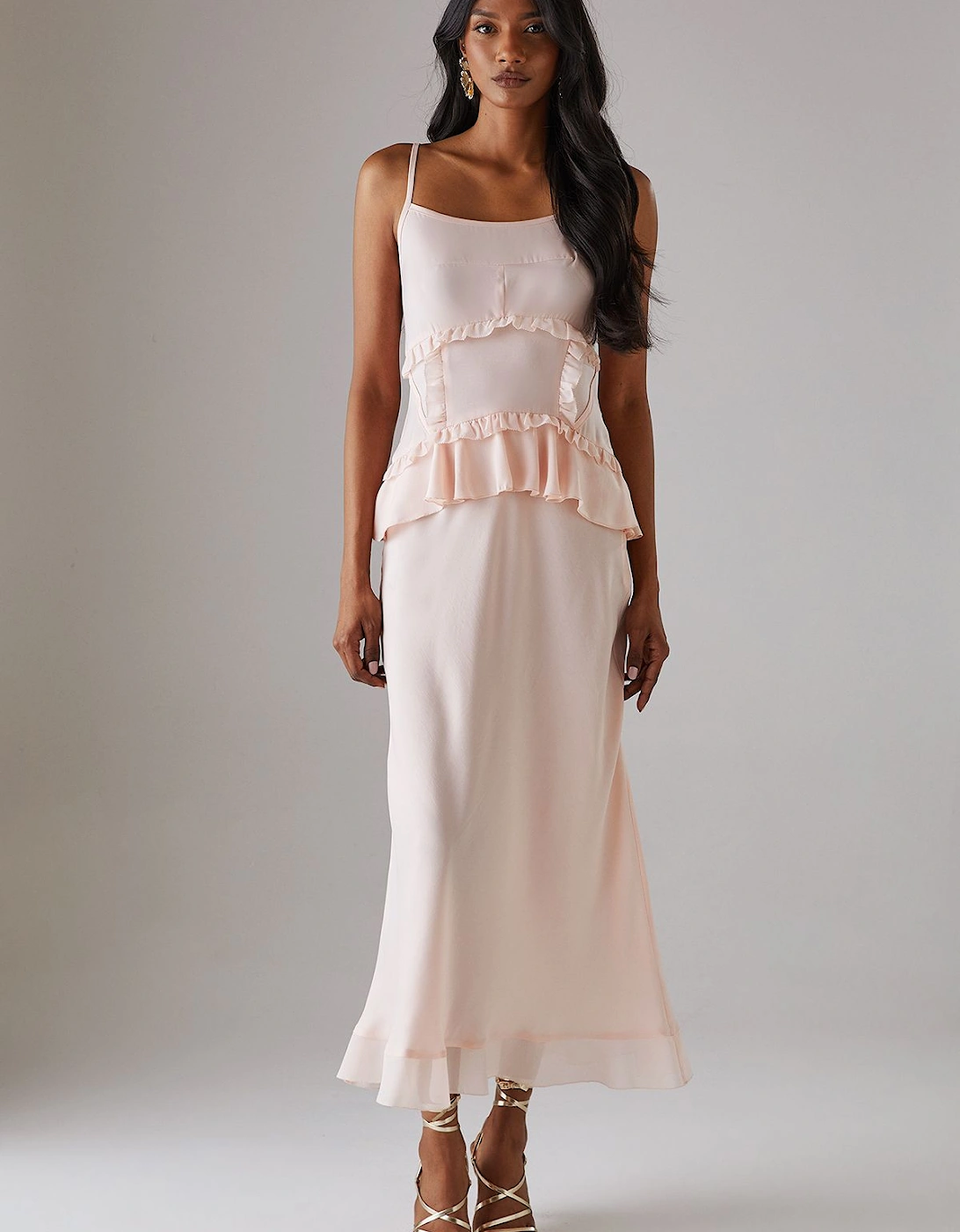 Satin Strappy Seam Detail Peplum Midi Dress, 2 of 1