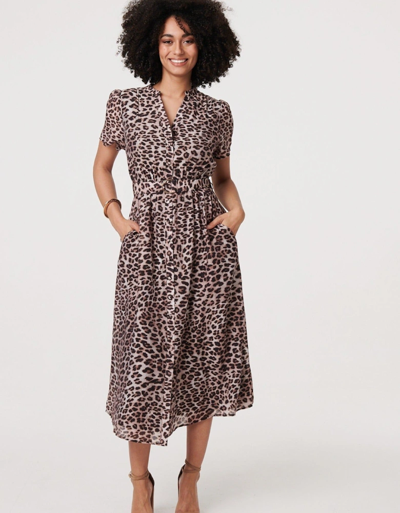 Animal Print Belted Midi Shirt Dress