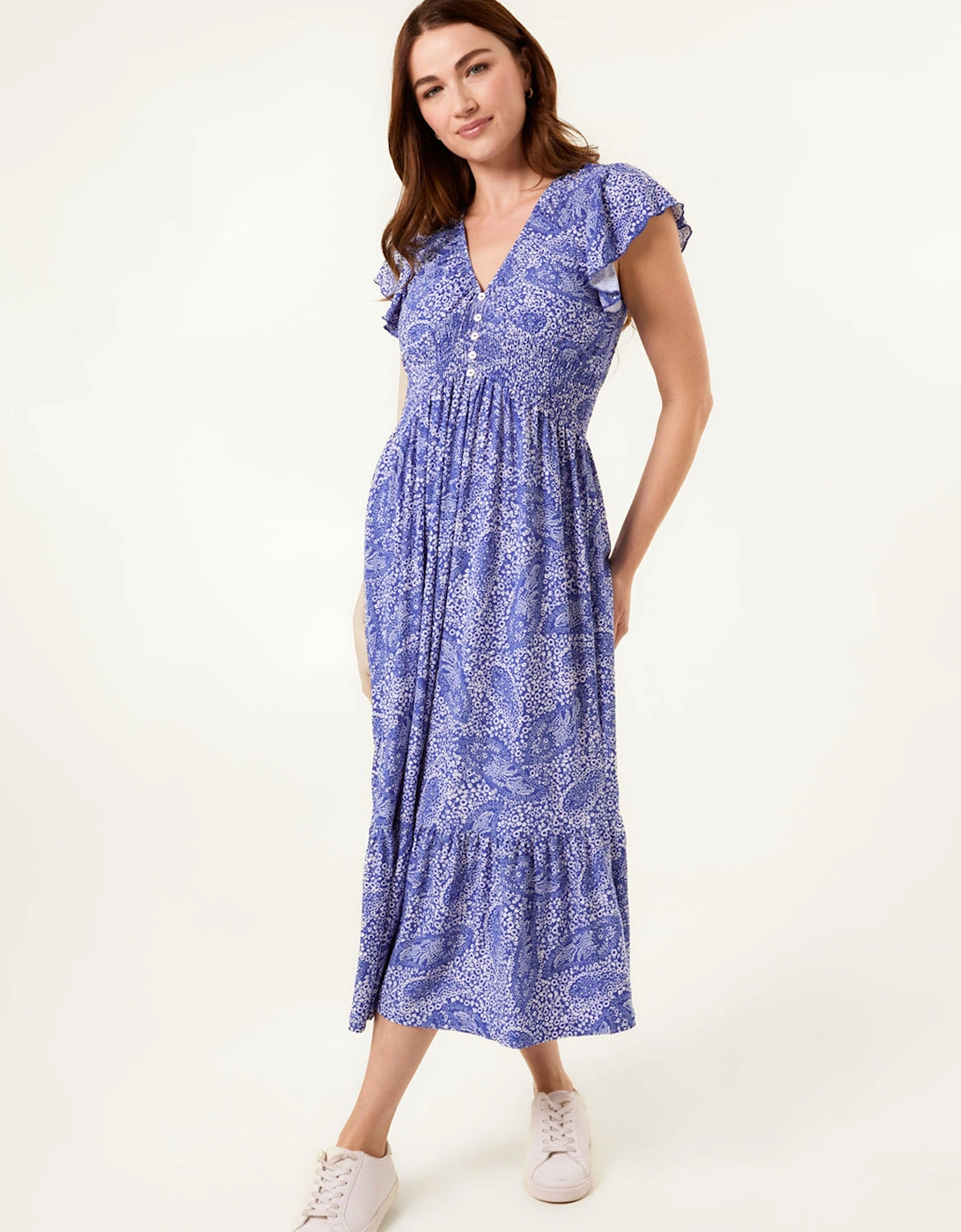 Blue Frill Sleeve V Neck Button Front Midi Dress, 2 of 1