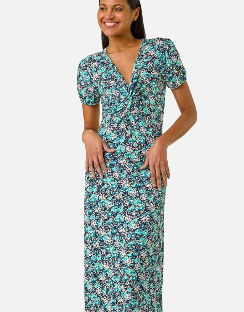 Floral Front Twist Stretch Midi Dress