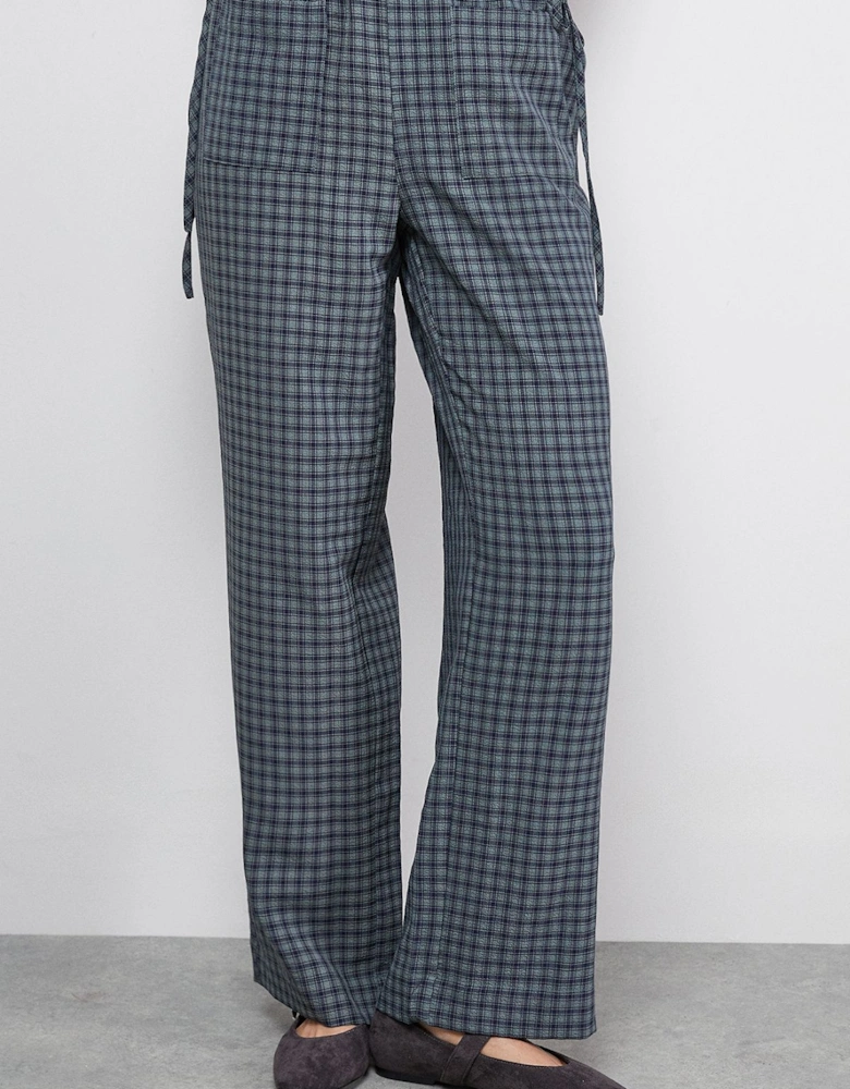 Green Check Mid Rise Tie Side Pocket Trouser