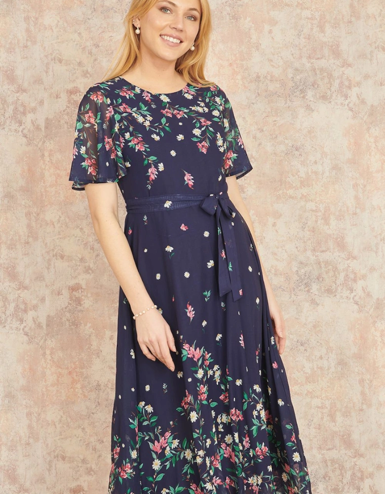 Navy Daisy Mirror Placement Skater Dress With Angel Sleeves
